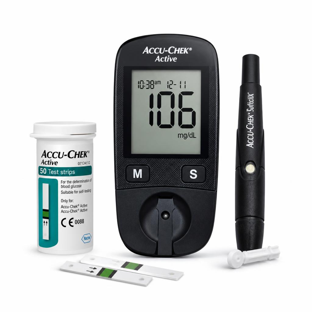 Accu-Chek Active blood glucose meter with test strip vial, lancing device and test strips on a white studio background
