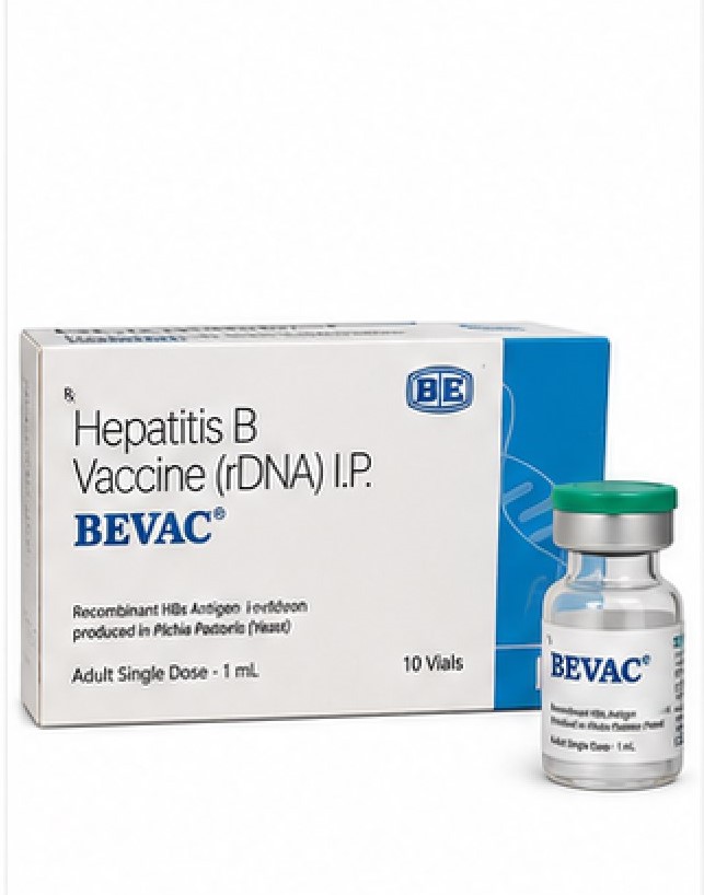 BEVAC recombinant hepatitis B vaccine carton box with prefilled single-dose syringe on a white studio background