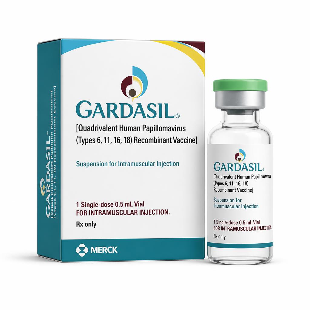 Gardasil 9-valent HPV vaccine carton and single-dose vial on a white studio background