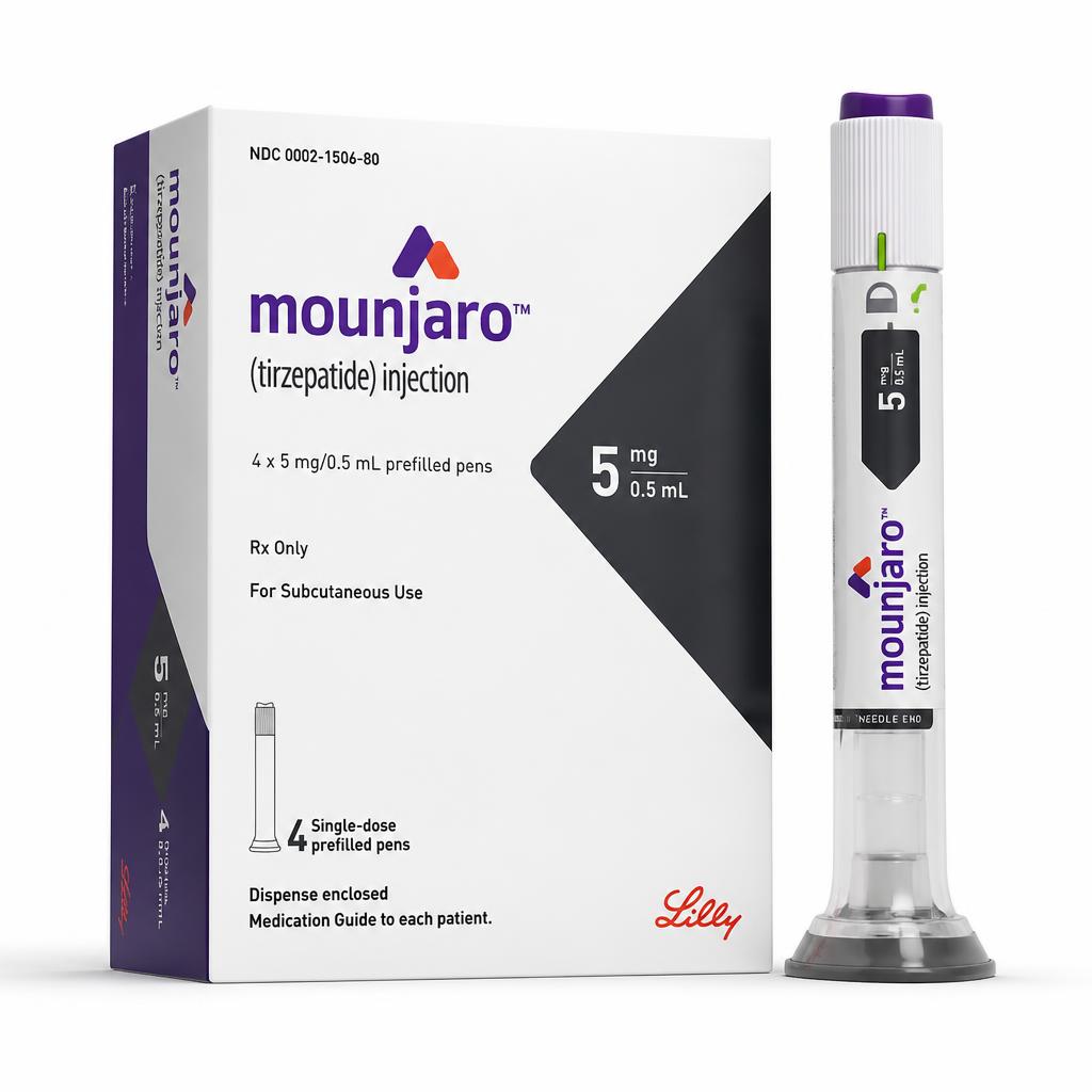 Mounjaro tirzepatide once-weekly injection pen and carton on a white studio background