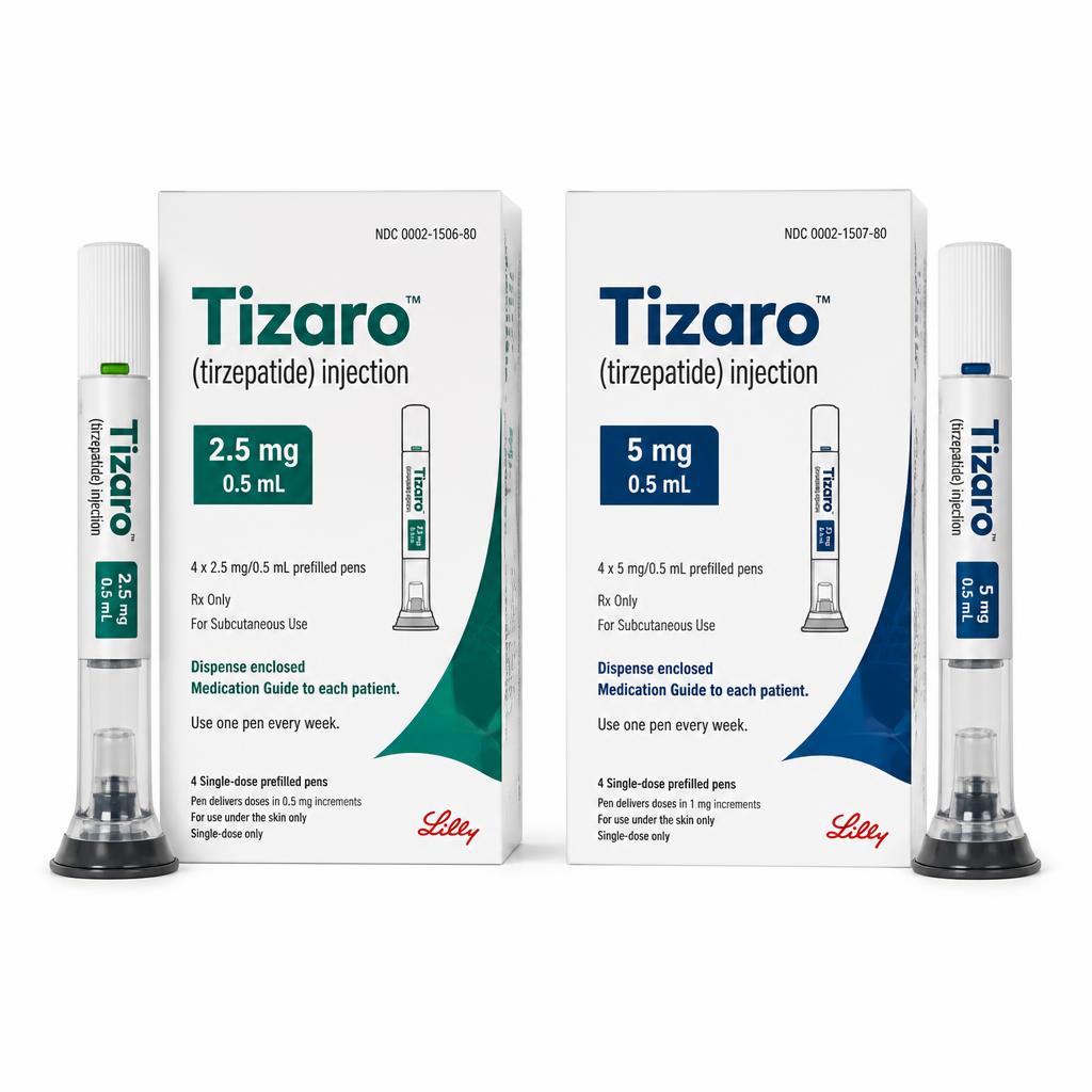 Tizaro tirzepatide 2.5 mg and 5 mg once-weekly injection pens with cartons side by side on a white studio background