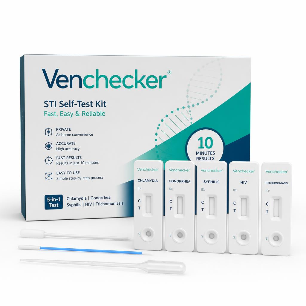 Venchecker 4-in-1 STI self-test kit box with rapid test cassettes, lancet and buffer on a white studio background