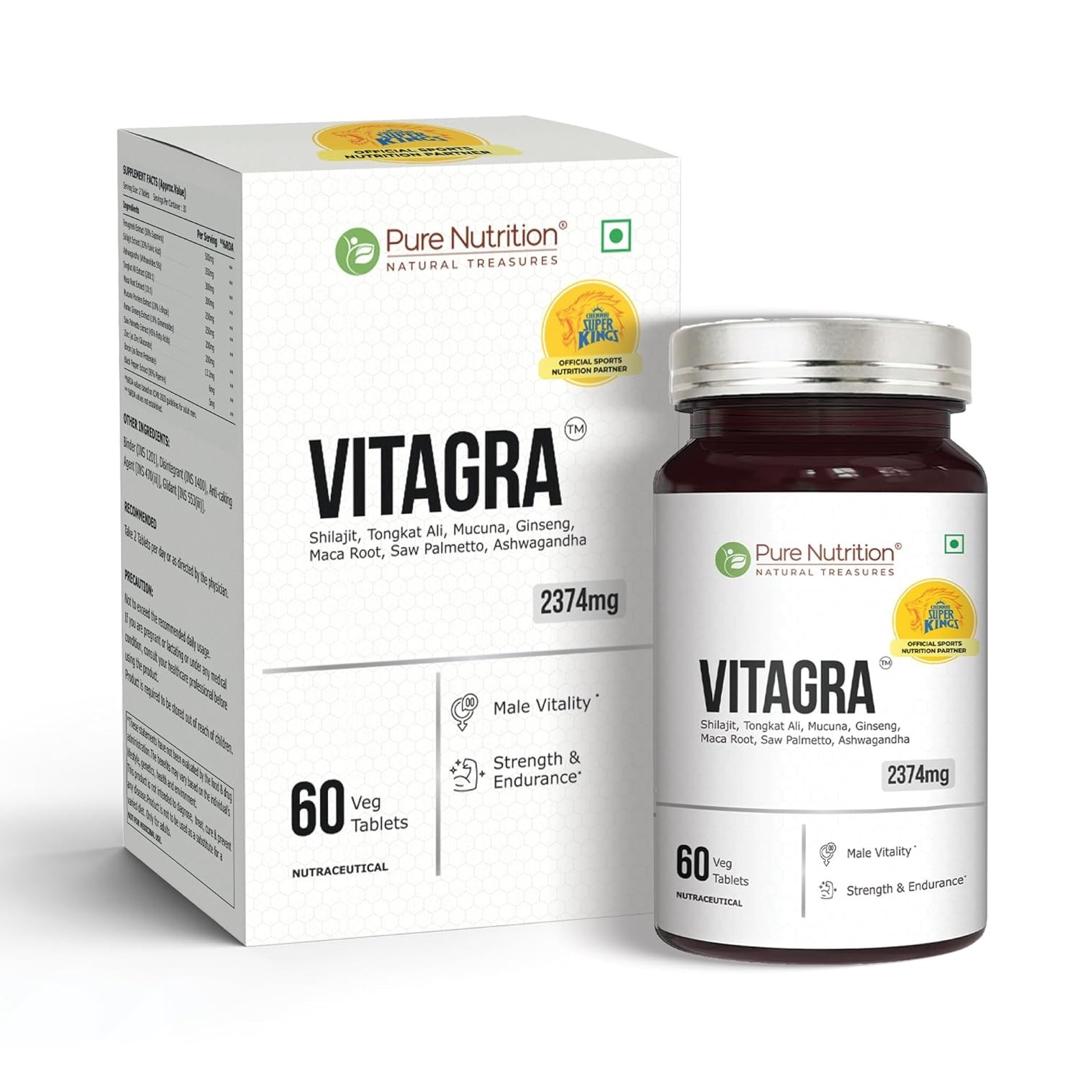 Pure Nutrition Vitagra 2374 mg carton and bottle of 60 veg tablets for male vitality on a white studio background